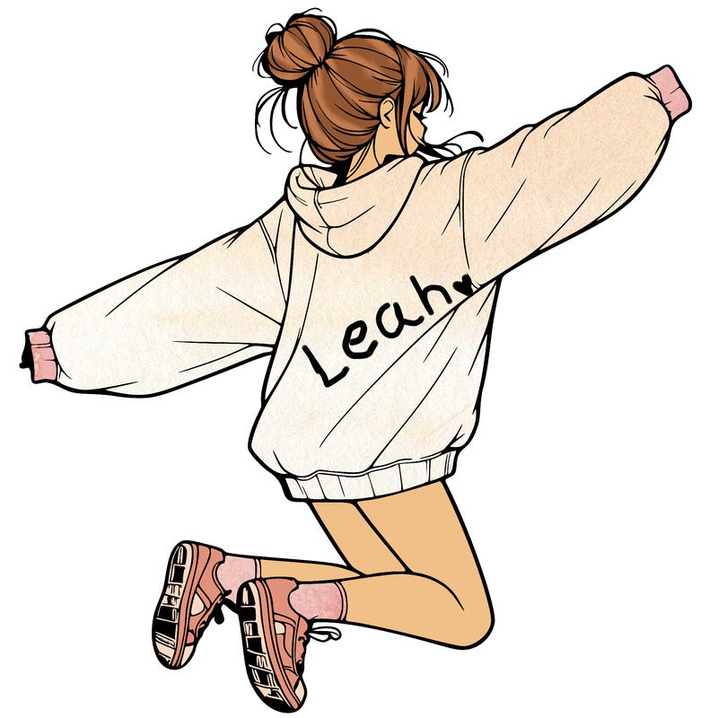 realistic girl jumping with a bun and oversized sweatshirt