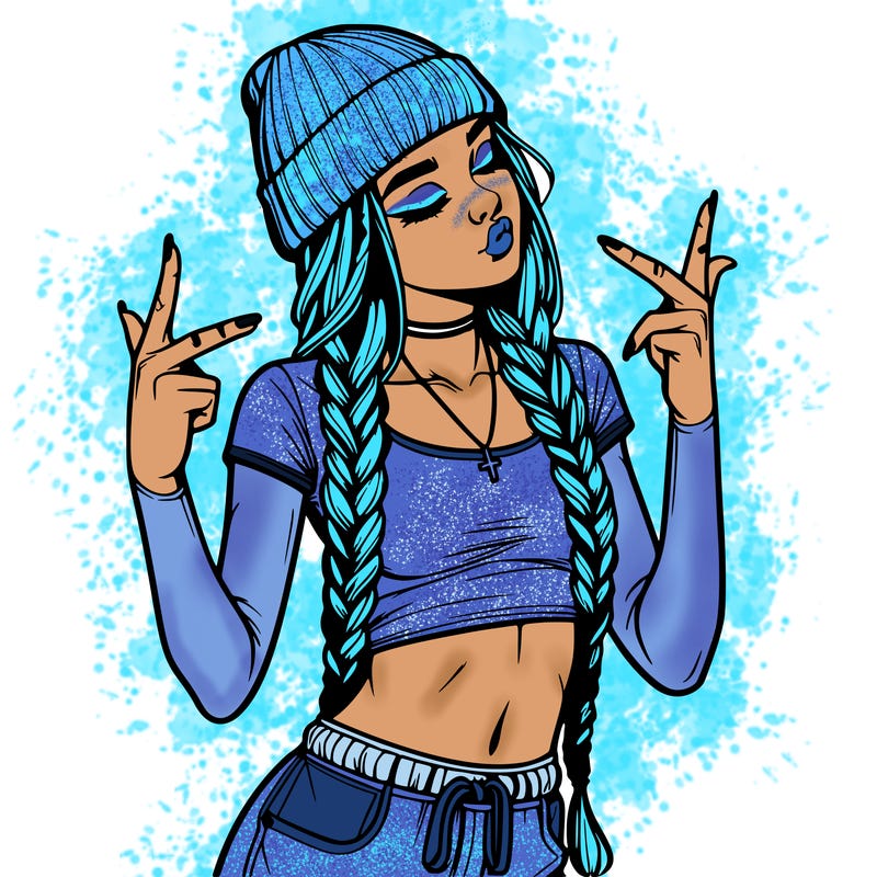 realistic teenage girl with braids and a beanie and crop top doing 🫶🏼