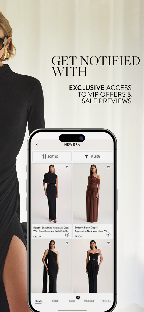 Interface do aplicativo de moda Club L London exibindo elegantes vestidos longos e uma notificação de ofertas VIP exclusivas e prévias de liquidação.