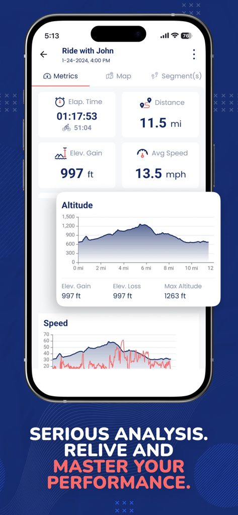 Bike GPS Navigation & Tracker - Dashboard showing cycling ride metrics including elapsed time distance elevation gain and altitude graphs