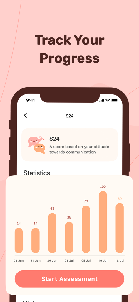 Stamurai: Stuttering Treatment - Mobile app screen showing a bar chart tracking communication attitude scores over time in the Stamurai app.