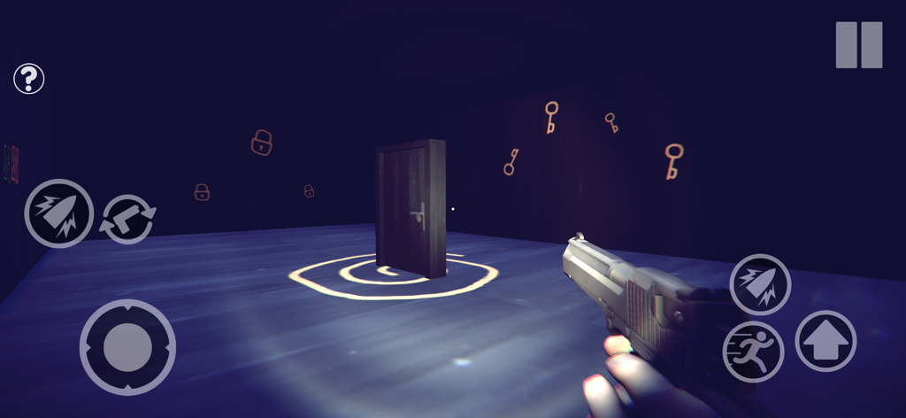 Loop Forest Grandpa in Forest - A first person view in a dark room with a central door and key icons on the walls in Loop Forest