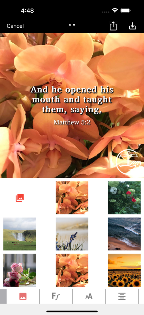 Kannada Study Bible app interface for creating shareable verse images with nature backgrounds