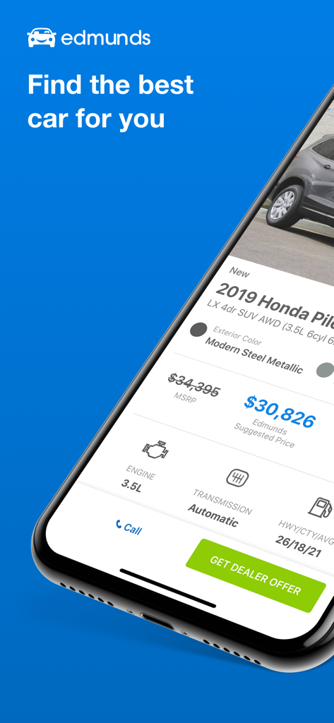 Edmunds app interface showing a car listing with suggested price and vehicle specs