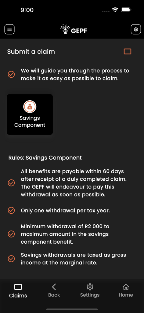GEPF Self Service - GEPF Self Service app screen showing the savings component claim submission rules and requirements