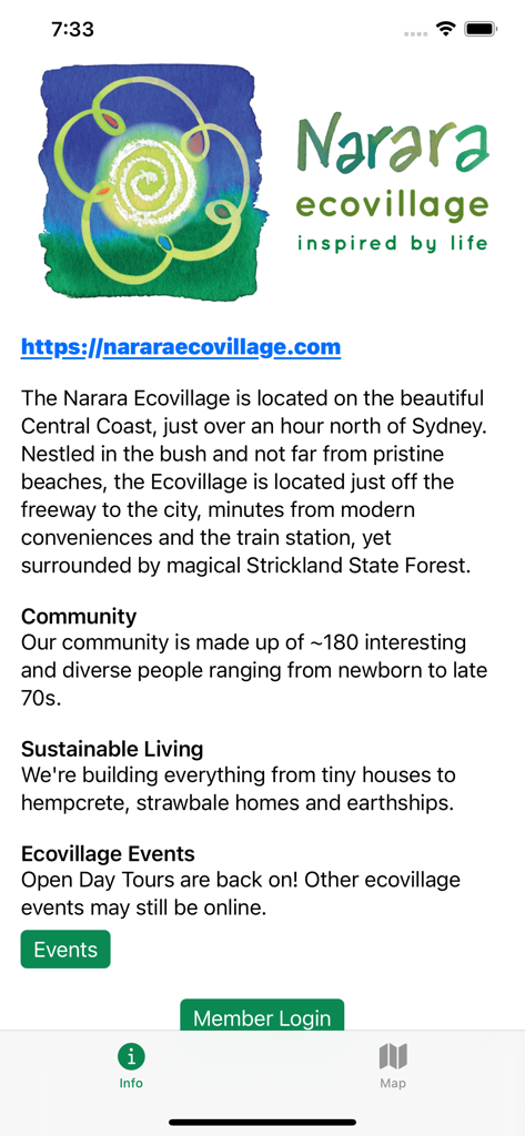 NEVigator - Narara Ecovillage info screen displaying details about community and sustainable living.