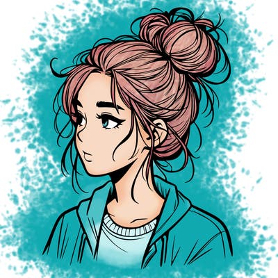 realistic teenage girl with a messy bun