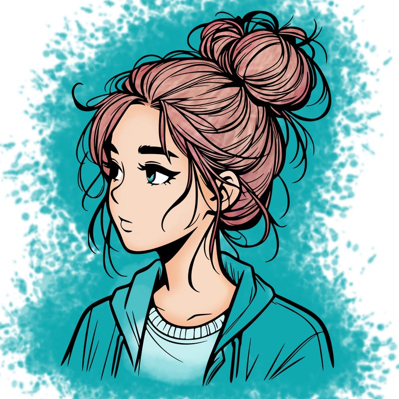 realistic teenage girl with a messy bun