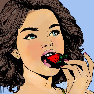 realistic woman eating strawberry