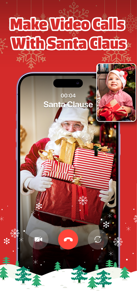 Voice Changer & Prank Sounds - Mobile app interface showing a simulated video call with Santa Claus holding Christmas gifts