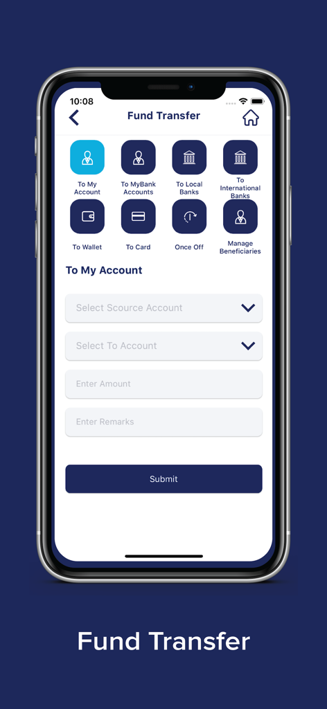 MyBank Mobile Banking - Fund transfer screen of MyBank mobile app showing options for international and local bank transfers