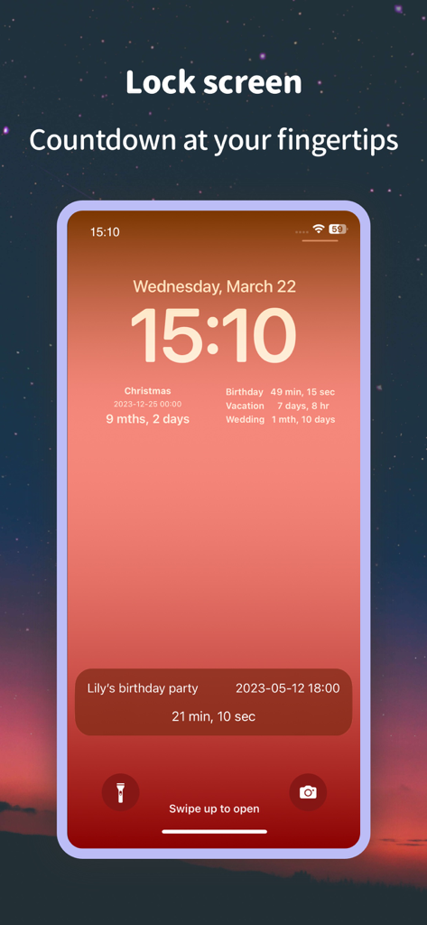 Countdown Calendar & Widget - Aesthetic iPhone lock screen with multiple event countdown widgets for Christmas wedding and vacation