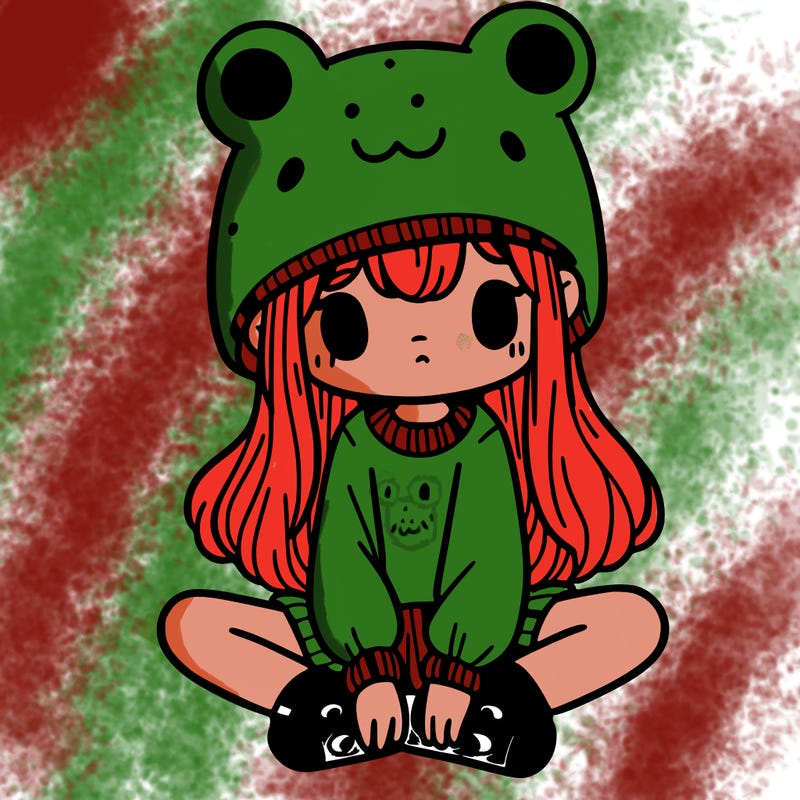 a girl wearing a frog hat and some frog socks