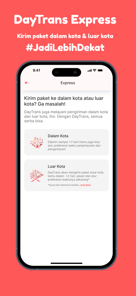 DayTrans - Mobile screen showing DayTrans Express shipping options for local and inter city delivery with estimated times