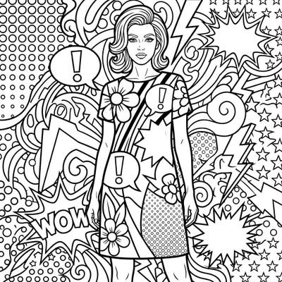 Step into the vibrant world of Pop Art with this dynamic coloring page featuring a stylish woman in a classic shift dress. Immerse yourself in bold lines, halftone dots, and energetic comic book-inspired patterns, ready for your creative touch.