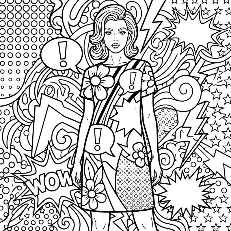 Step into the vibrant world of Pop Art with this dynamic coloring page featuring a stylish woman in a classic shift dress. Immerse yourself in bold lines, halftone dots, and energetic comic book-inspired patterns, ready for your creative touch.