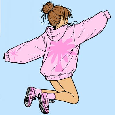 realistic girl jumping with a bun and oversized sweatshirt