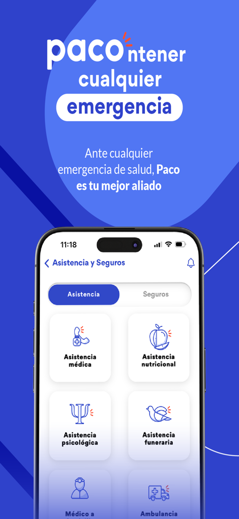 Paco app interface showing employee health assistance options including medical, nutritional, and psychological support
