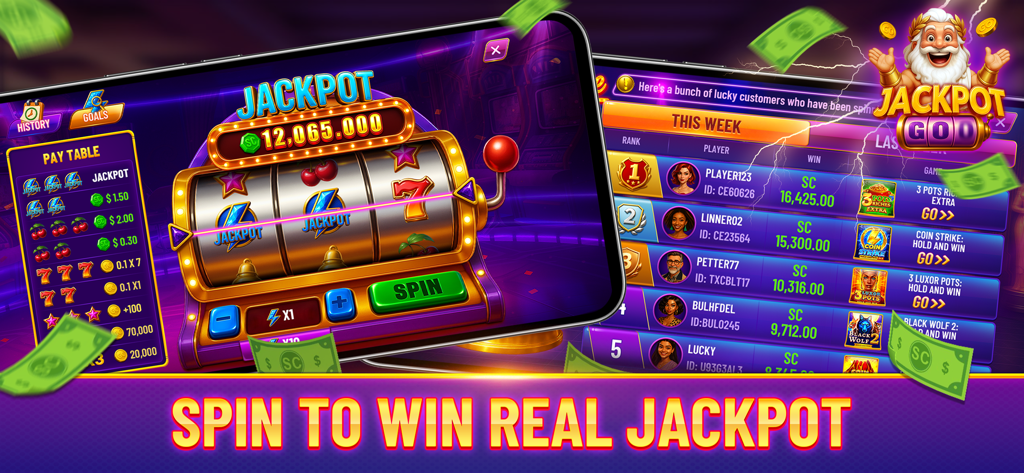Jackpot Go: Slots Casino - Aplicativo móvel Jackpot Go mostrando uma máquina caça-níqueis com um jackpot enorme e uma lista dos principais jogadores vencedores.