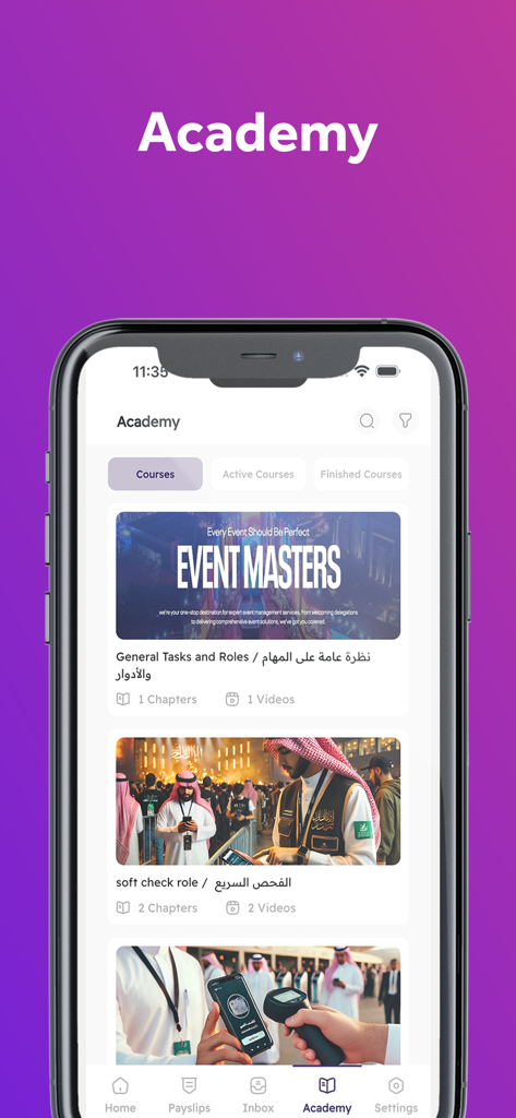 The Academy section of the Event Masters app displaying a list of training courses for event staff.