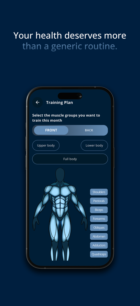 Now Me App En - A mobile screen from Now Me App allowing users to select muscle groups for their personalized training plan using a human body diagram.