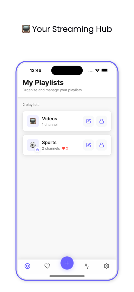 Drama Live - Interface de l'application Drama Live montrant l'écran Mes listes de lecture avec des catégories pour le contenu de streaming Vidéos et Sports.