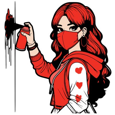 realistic girl with mask spray painting a wall