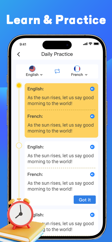 Easy Translate - AI Translator - Interface do aplicativo Easy Translate mostrando prática diária para traduções de inglês e francês