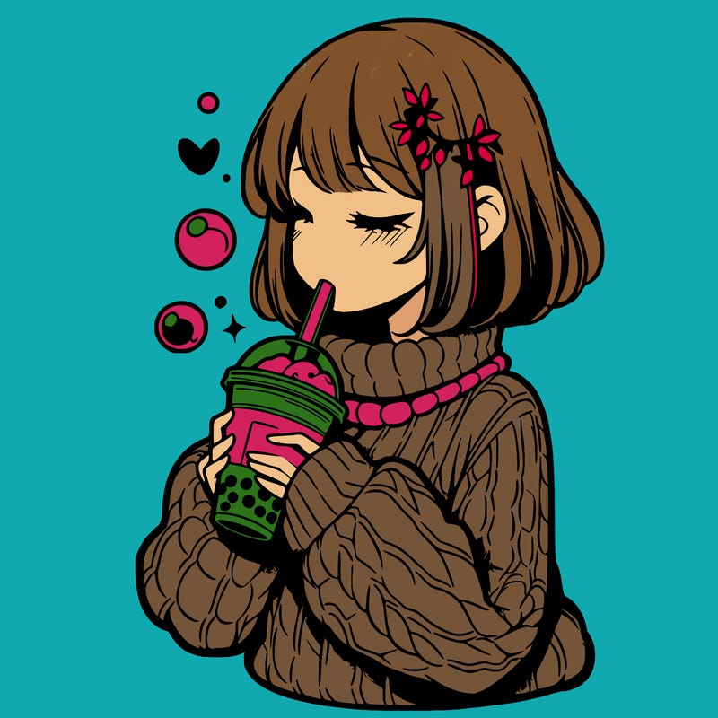 manga girl drinking boba in cozy sweater