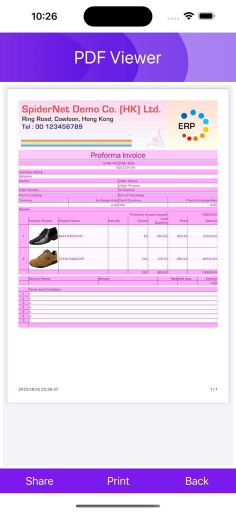 SpiderNet Online ERP System - Une facture pro forma pour des chaussures affichée dans le visualiseur PDF de SpiderNet ERP.