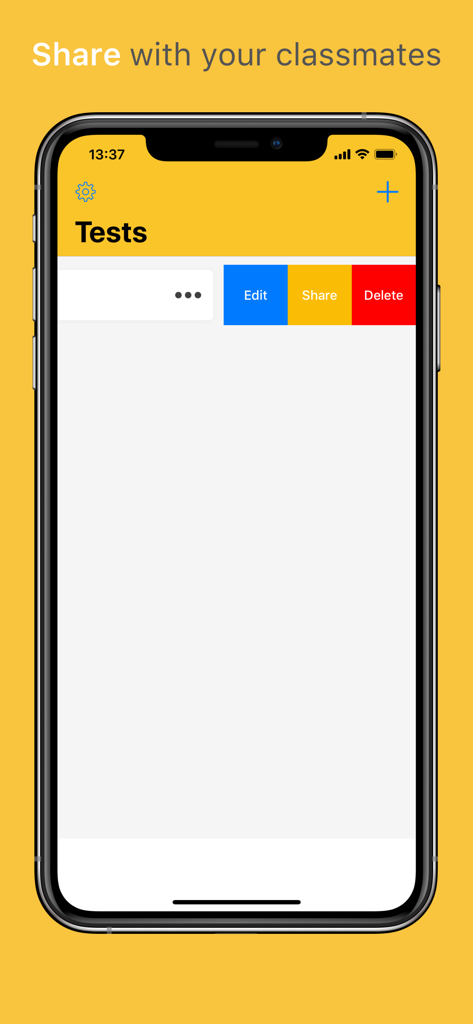 Learn It - Easier learning - Interface of the Learn It app displaying options to edit share and delete educational tests