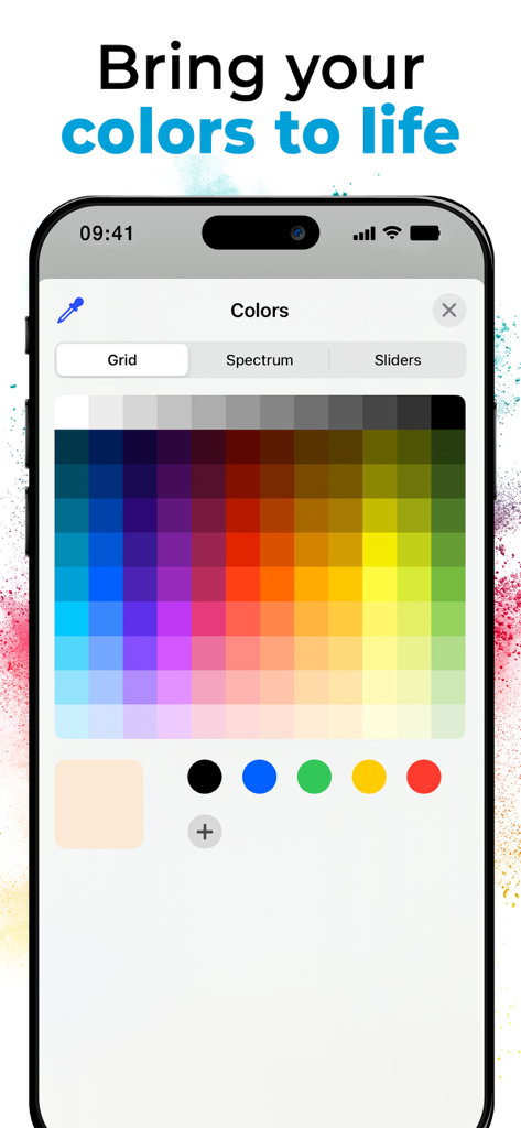 A professional digital color palette selection grid in the Bloom adult coloring book app showing various vibrant shades.