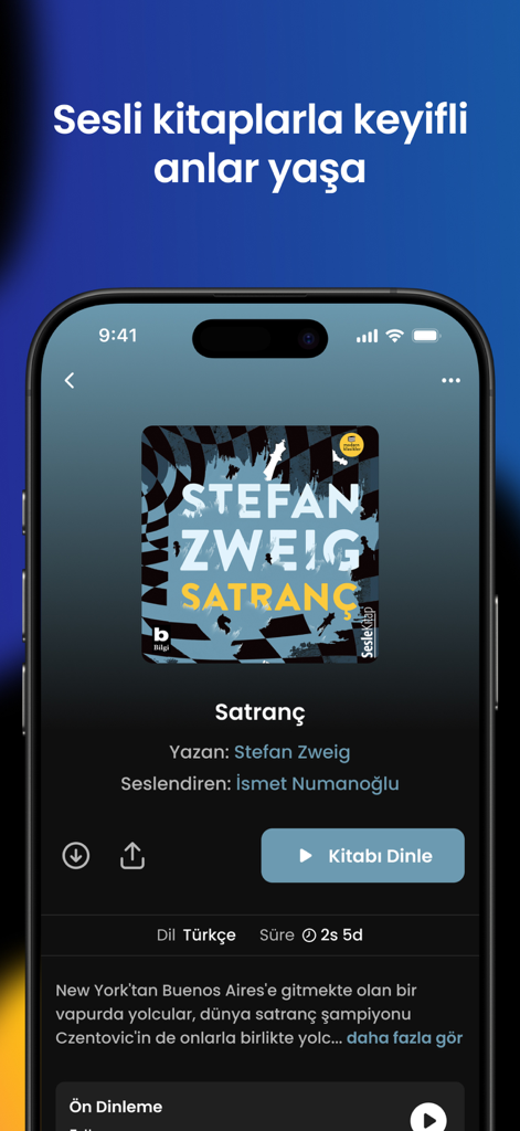 fizy – Music & Podcast - Una pantalla de smartphone que muestra la aplicación fizy con el audiolibro turco Satranç de Stefan Zweig, con un botón de reproducción y detalles del libro.