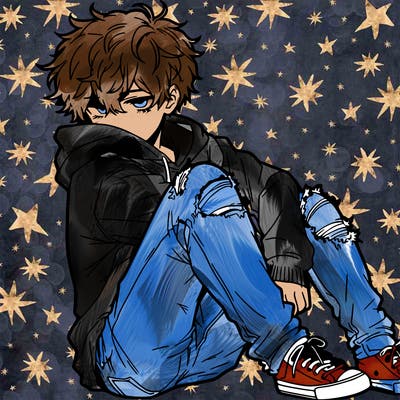 a male hoddie ripped jeans messy hair anime