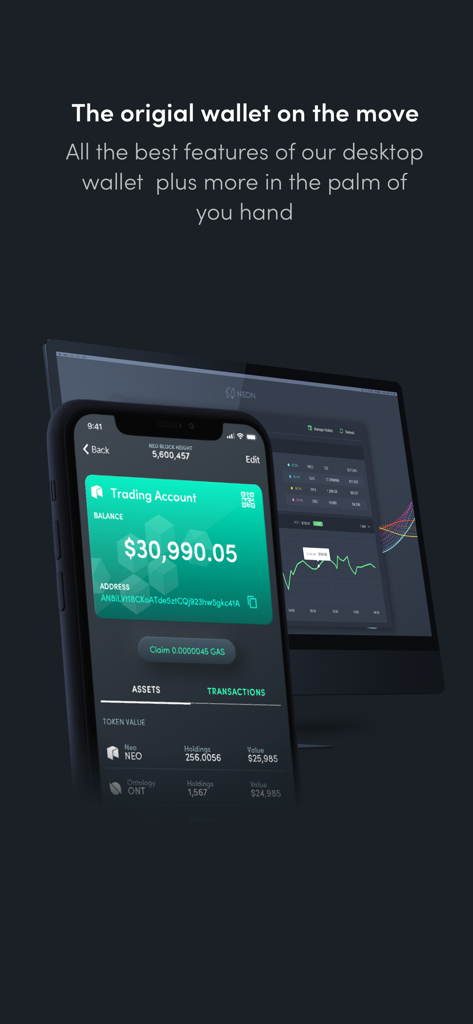 Neon Wallet Mobile - Neon Wallet Mobile dashboard on an iPhone displaying trading account balance and Neo blockchain assets