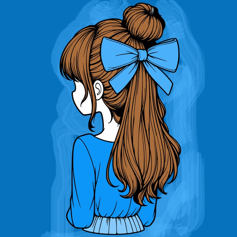 realistic girl  with hip length hair a bun and a big bow on the back of head