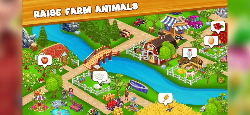 A colorful overhead view of a 3D farm with a red barn animals and a river under the text Raise Farm Animals