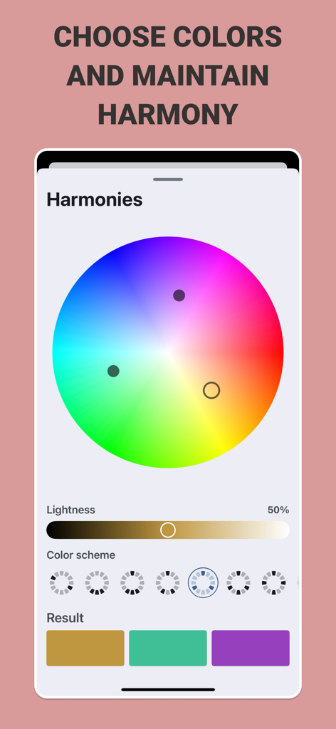 Interface showing an interactive color wheel used to create harmonic color palettes