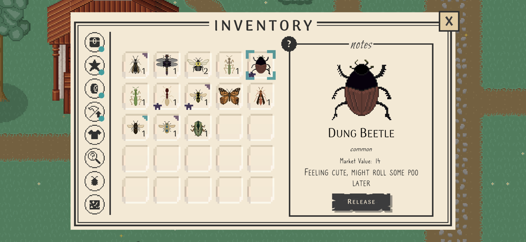 Schermata dell'inventario in-game di Bug and Seek che mostra uno Scarabeo stercorario raccolto con una descrizione umoristica.