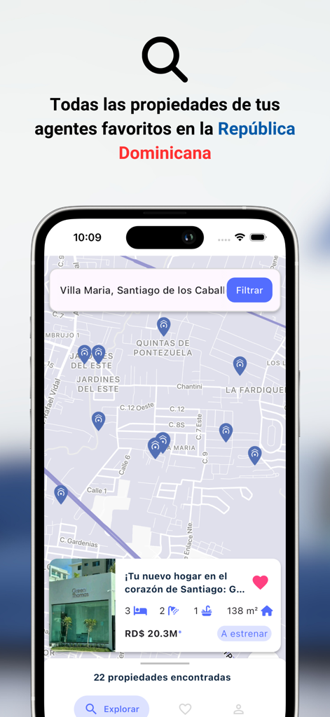 Toca Timbre - Toca Timbre mobile app map interface showing real estate properties for sale in Santiago Dominican Republic