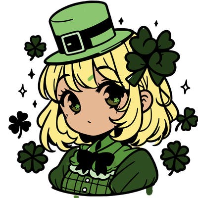 a manga-style girl with clovers around her, a little hat in her hair, like it's saint patrick's day