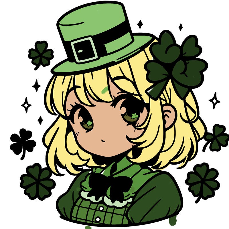 a manga-style girl with clovers around her, a little hat in her hair, like it's saint patrick's day