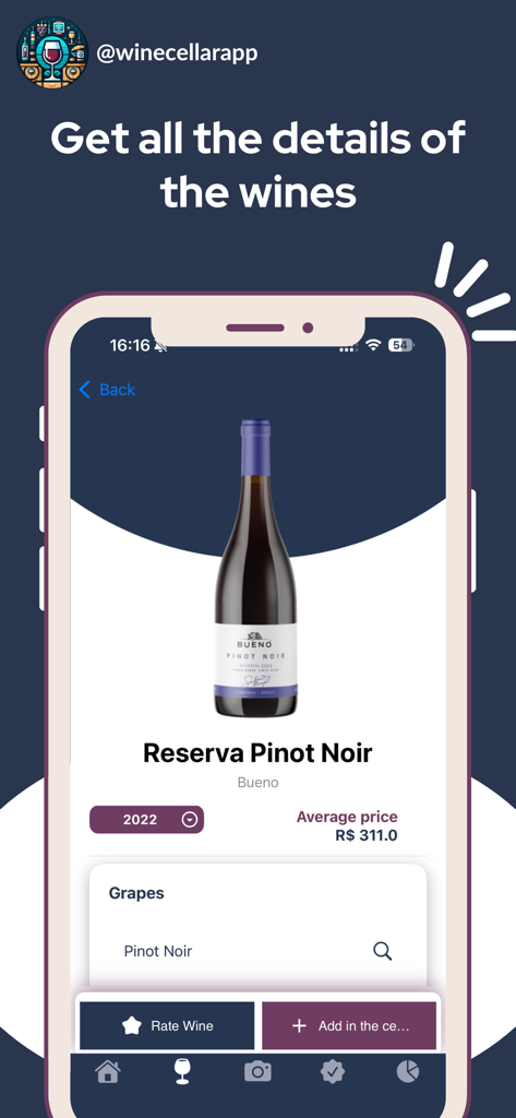 Screenshot of the Wine Cellar App displaying details for a Pinot Noir wine including vintage and price.