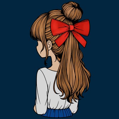 realistic girl  with hip length hair a bun and a big bow on the back of head