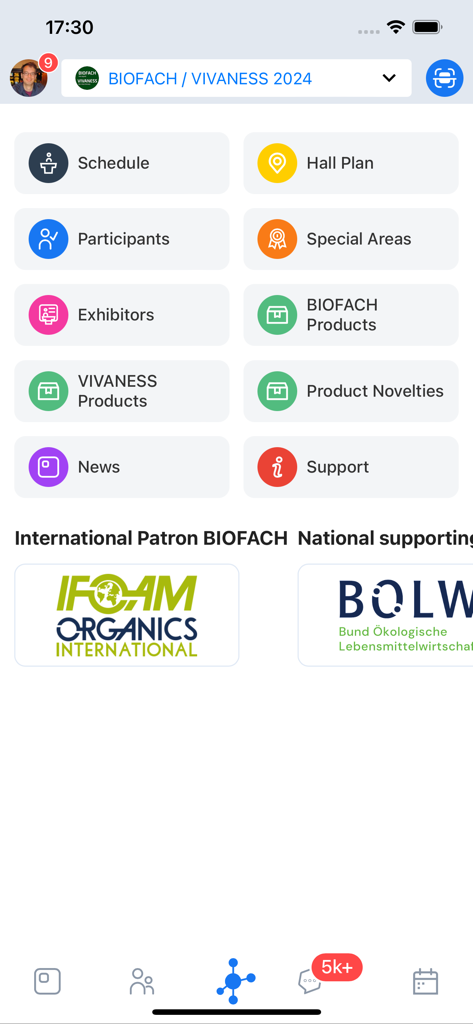 BIOFACH 2025 - La schermata principale dell'app BIOFACH 2025 che mostra riquadri di navigazione per l'agenda dell'evento, la planimetria, gli espositori e gli strumenti di networking