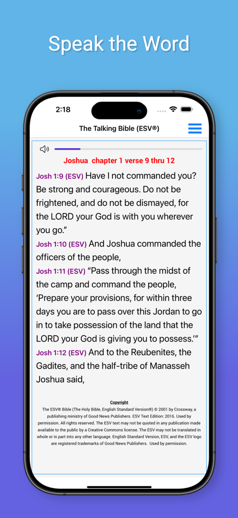 Talking Bible for The Blind - Talking Bible app interface showing English Standard Version scripture verses on an iPhone screen