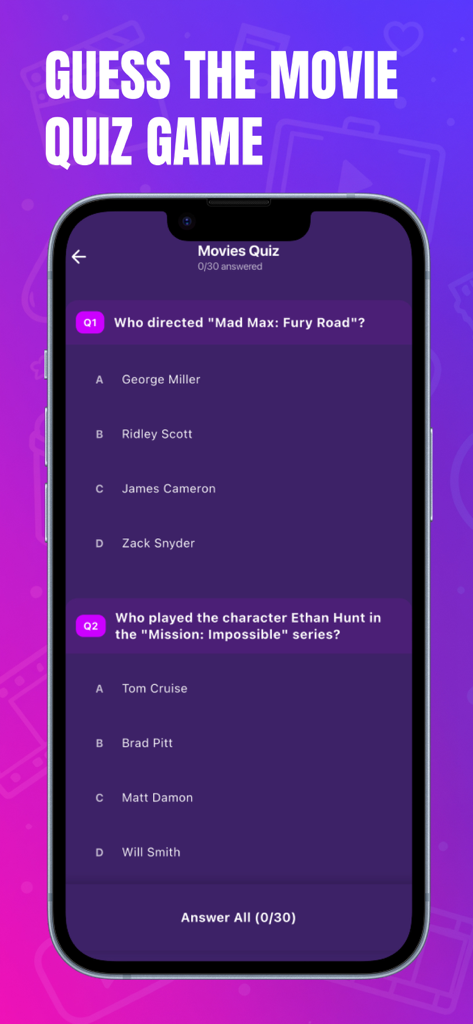 Lok L0k 앱 영화 퀴즈 화면, 배우 및 감독에 대한 객관식 질문 포함