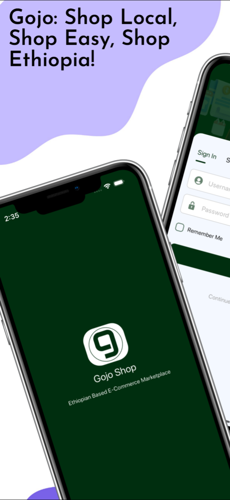 Gojo Shop - Pantalla de inicio de la aplicación Gojo Shop para un mercado de comercio electrónico etíope.