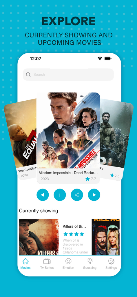 Explore screen of the MyFlixer app displaying currently showing and upcoming movies