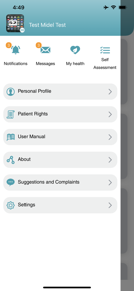 خدمات المرضى - The main menu screen of the NGHA Patient Care app showing personal profile notifications and health settings
